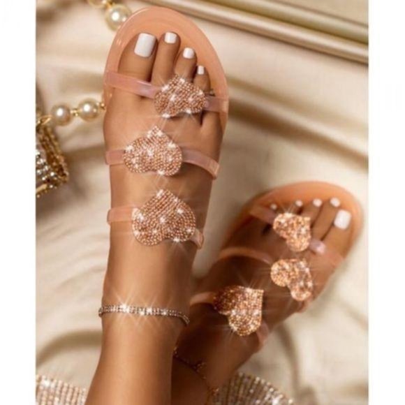 Shoes - Embellished Jelly Heart Slides in Nude